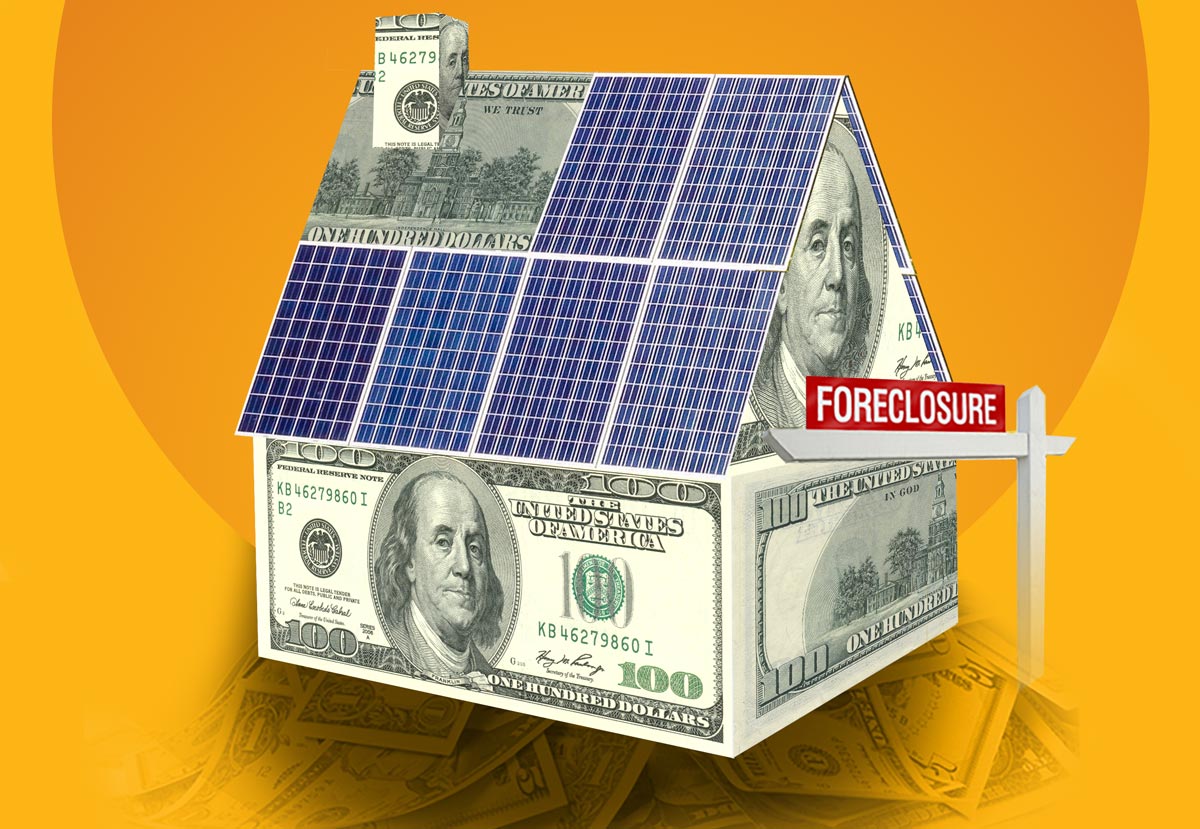 House made of money and solar panels being foreclosed