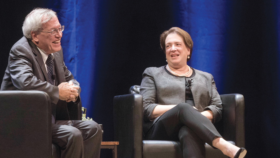 Chemerinsky shares a laugh with U.S. Supreme Court Justice Elena Kagan during their hour-long interview at Zellerbach Hall in 2019