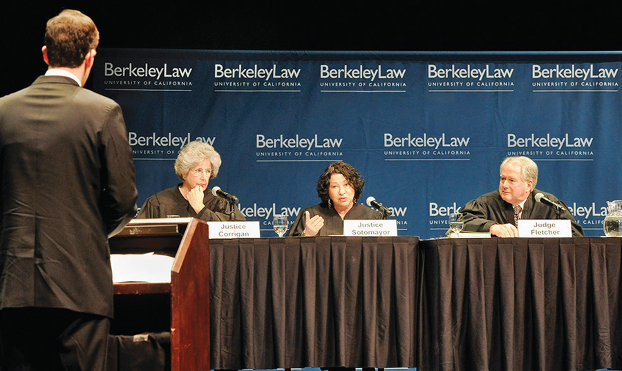 U.S. Supreme Court Justice Sonia Sotomayor, flanked by California Supreme Court Justice Carol Corrigan and U.S. Ninth Circuit Court of Appeals Judge William Fletcher, asks a question to Edward Piper ’12 at the 2011 McBaine Honors Moot Court Competition