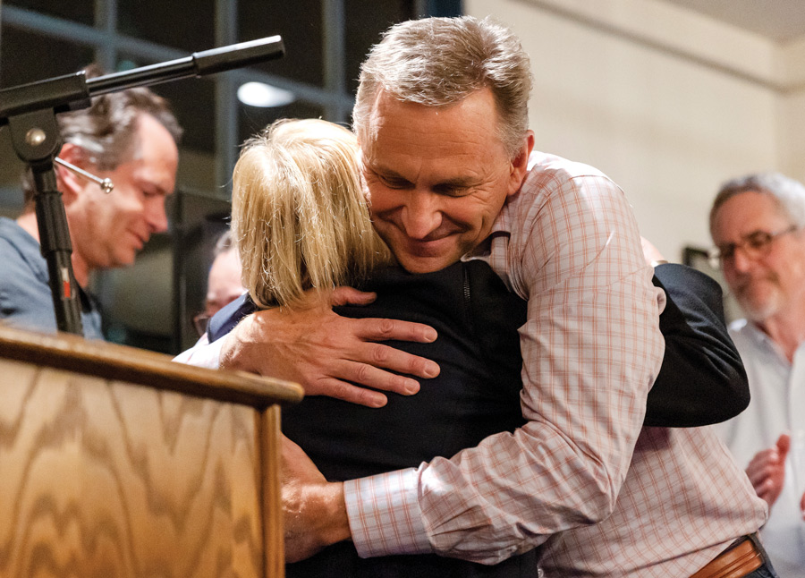 co-founding donor Nick McKeown giving a hug to Co-Director Elisabeth Semel