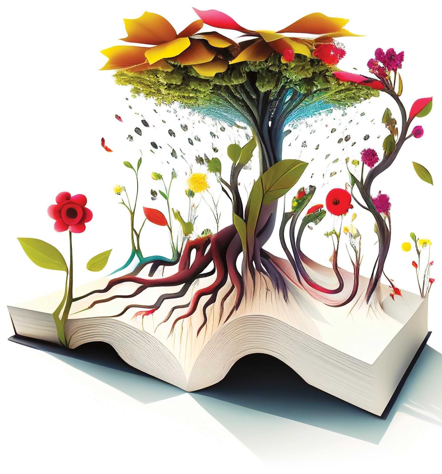 a colorful tree growing from an open book
