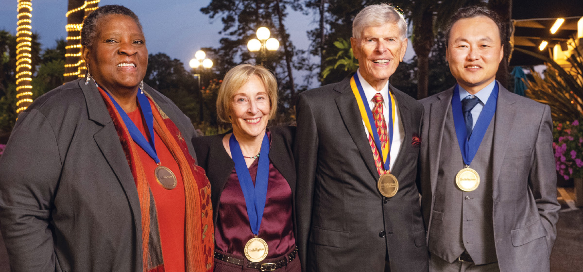 (From left) Honorees Eva Paterson ’75, Elisabeth Semel, Leo Pircher ’57, and Bryant Yang ’07.