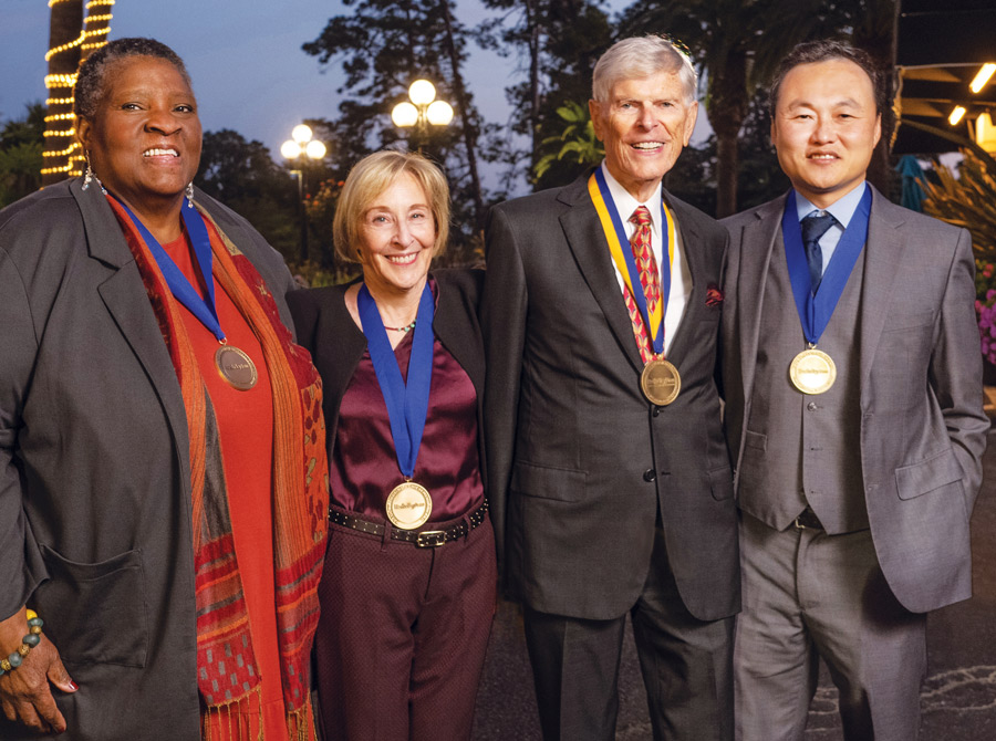 (From left) Honorees  Eva Paterson ’75, Elisabeth Semel, Leo Pircher ’57,  and Bryant Yang ’07.