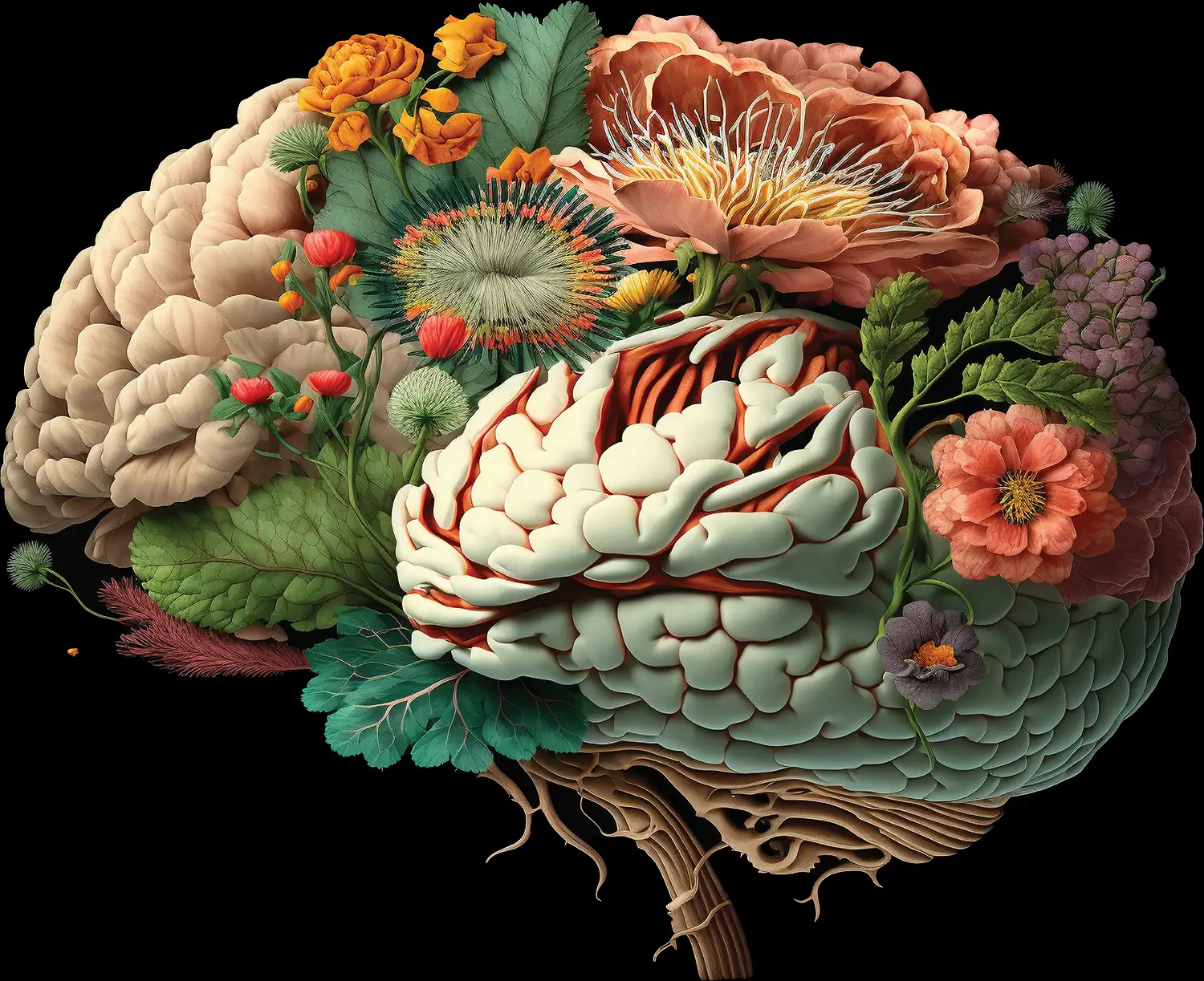 artistic rendering of a brain made of flowers