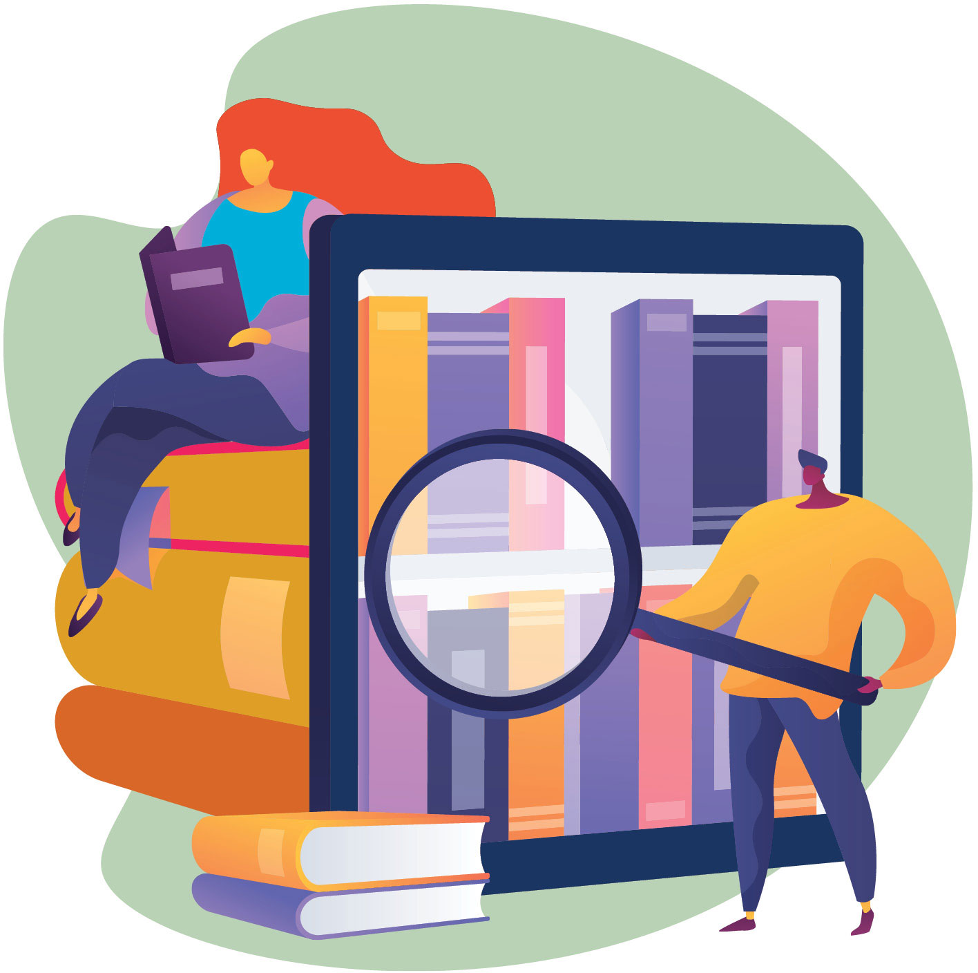 illustration of two people sitting on books and using a magnifying glass to inspect books