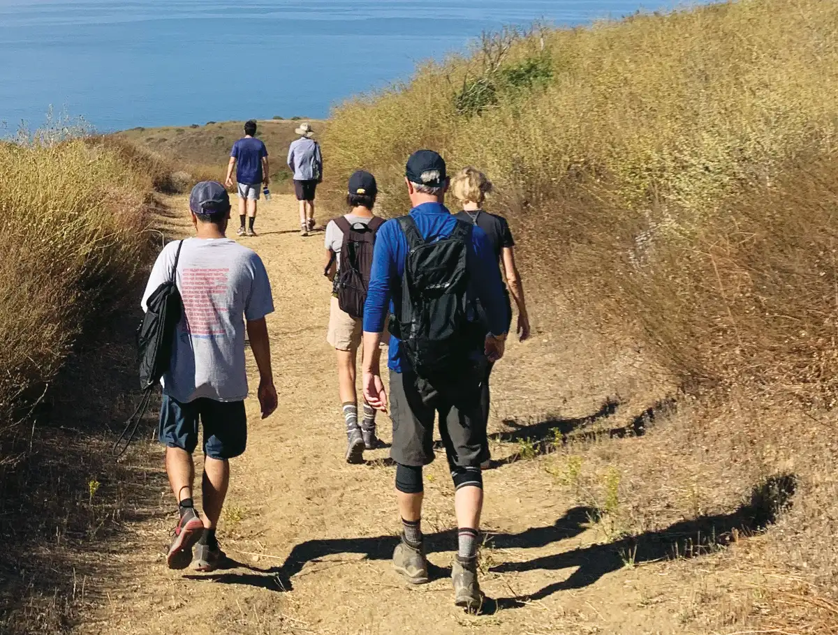 people hiking with the ocean in the distance