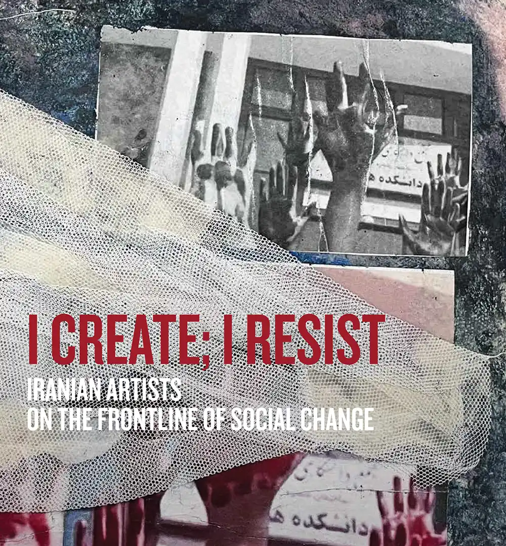 Collage of hands and fabric with the text "I CREATE; I RESIST" in red.