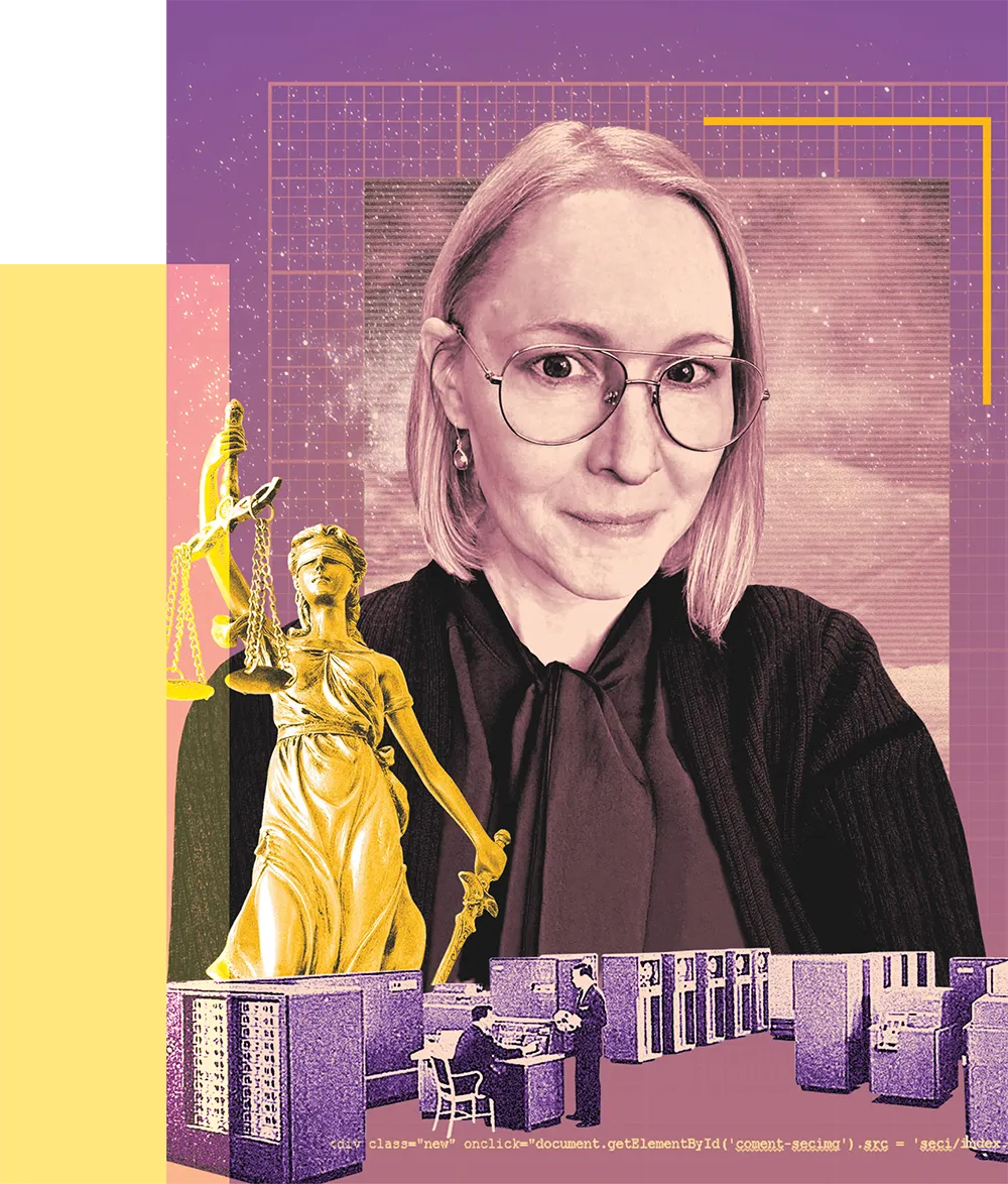 A collage features a woman with glasses, the Lady Justice statue, and vintage computers, set against a purple and yellow background.