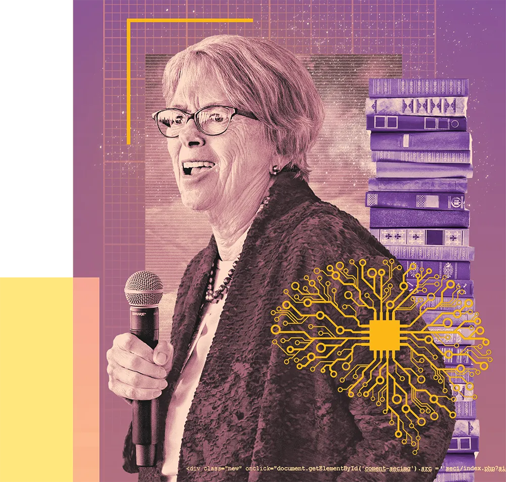 A woman speaks into a microphone with a stack of books and digital circuit pattern in the background.